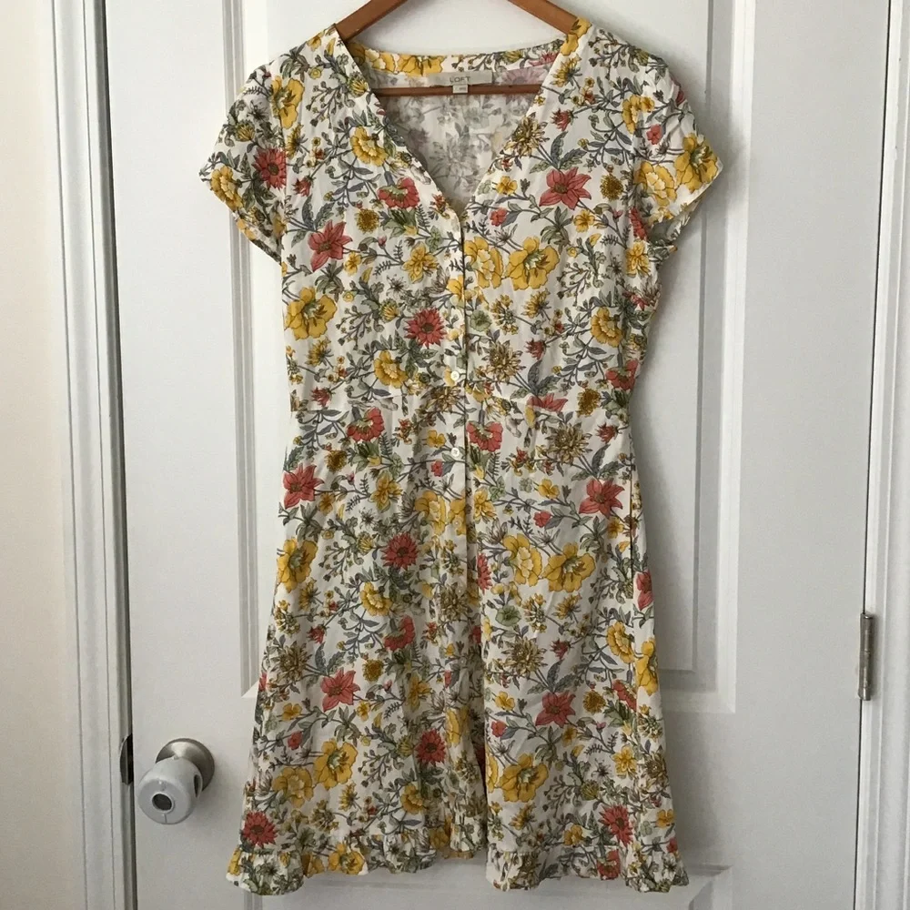 Short Sleeve Button Front V-neck Floral LOFT Dress - Picture 2 of 7